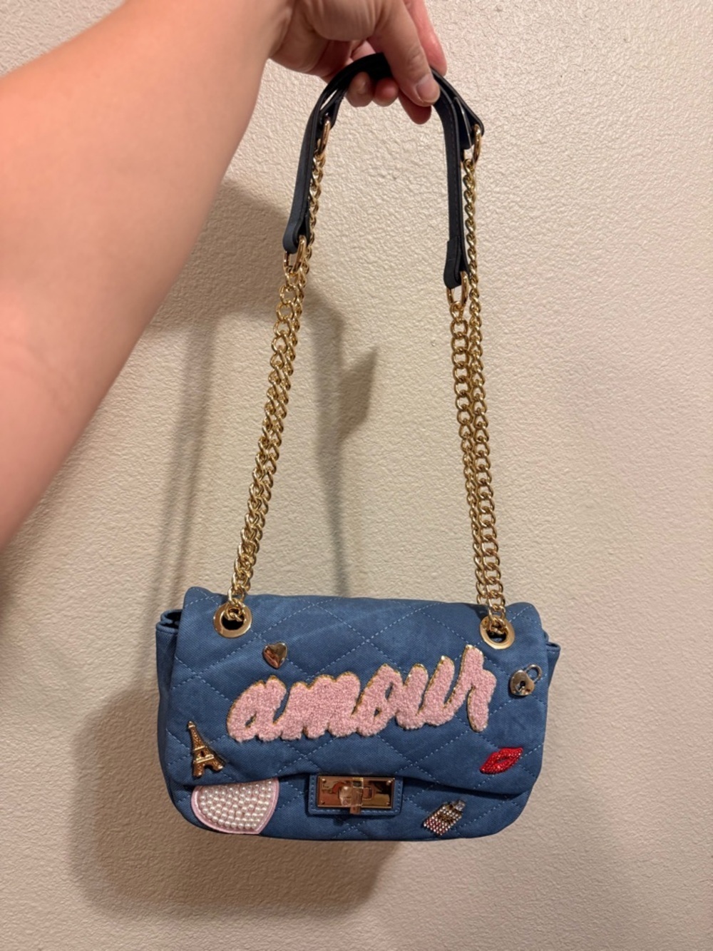 ALDO Blue 'Amour' Embellished Quilted Denim Shoulder Bag - Picture 2 of 8